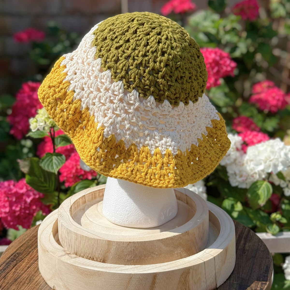 Handmade Crochet One Size Bucket Hat In Green, White And Mustard