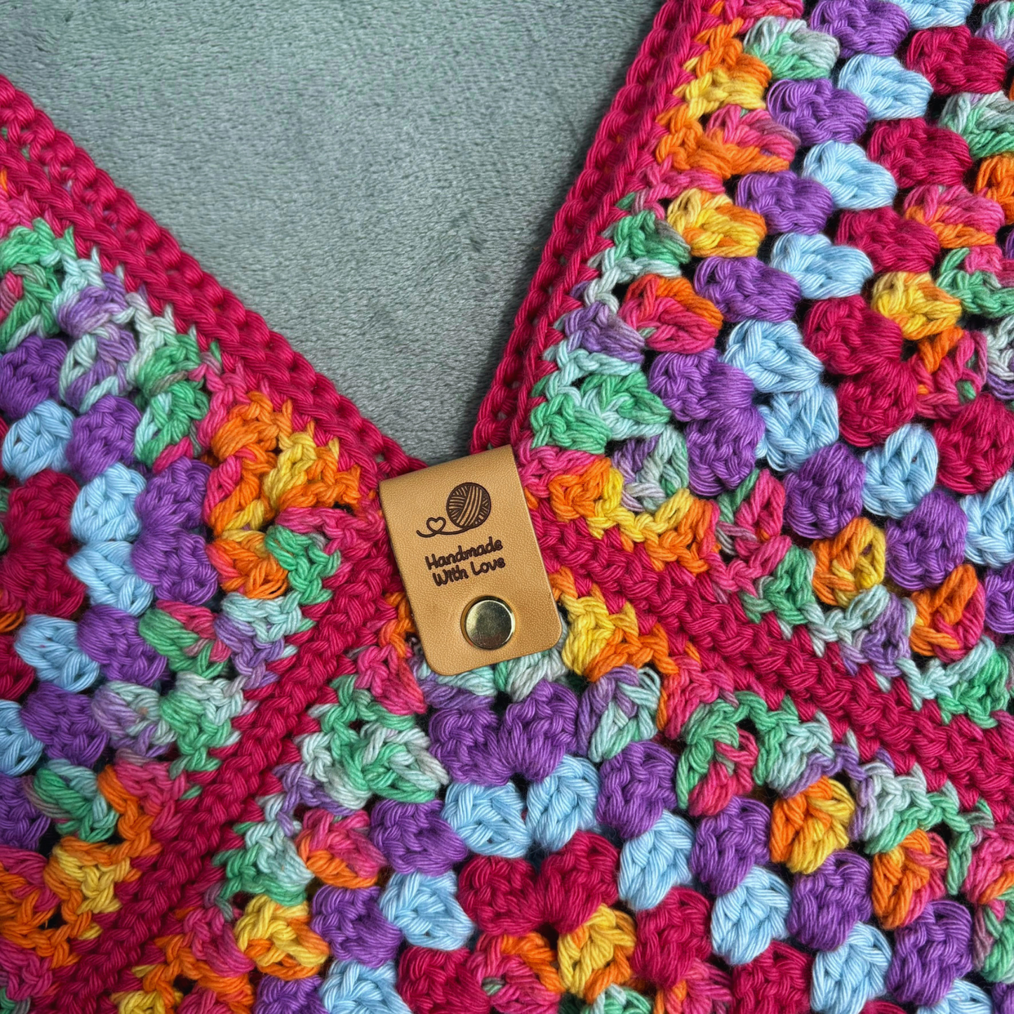 Handmade Crochet Cotton Granny Square Shoulder Bag in Vibrant Rainbow