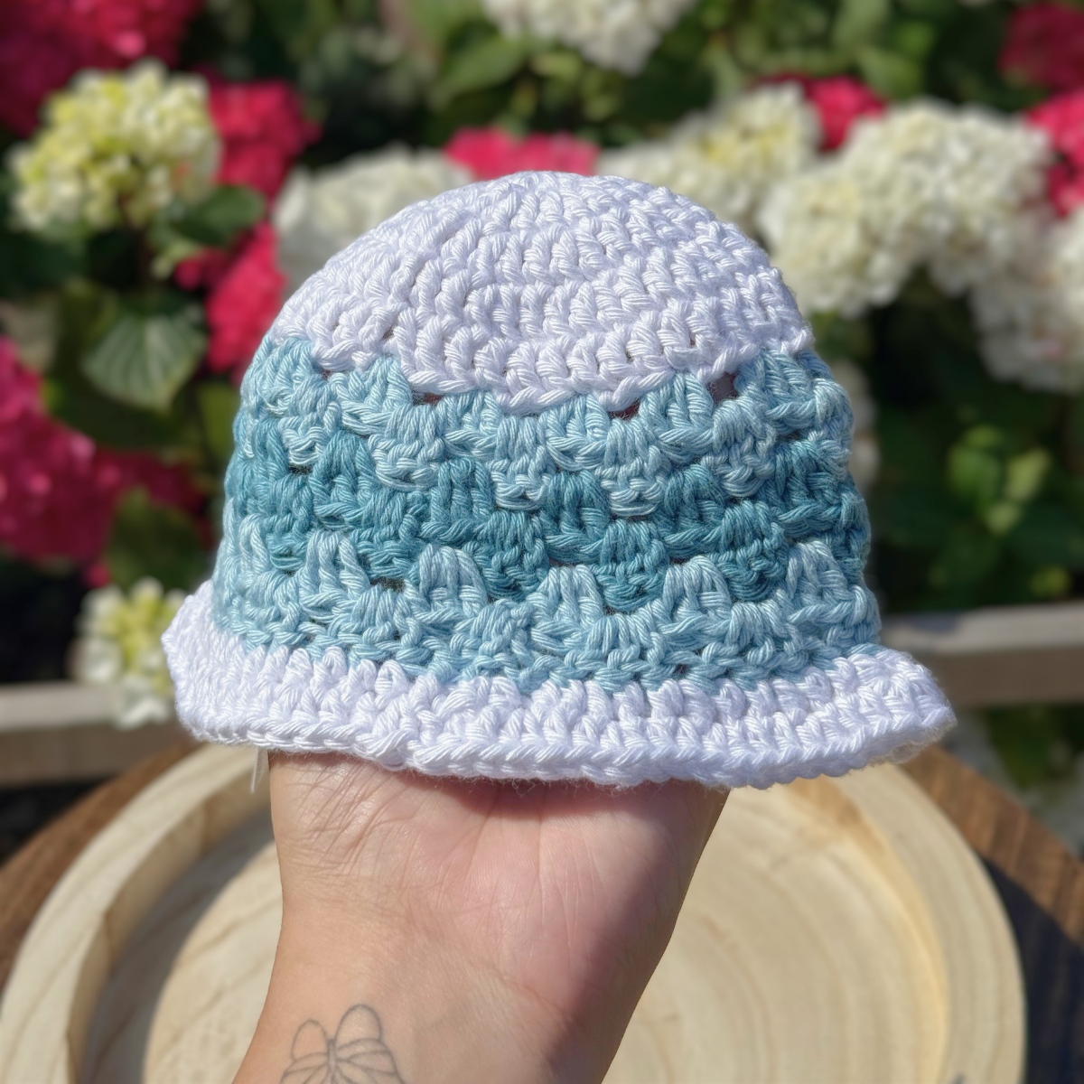 Handmade Crochet Baby Bucket Hat in White & Blue 3-6 months
