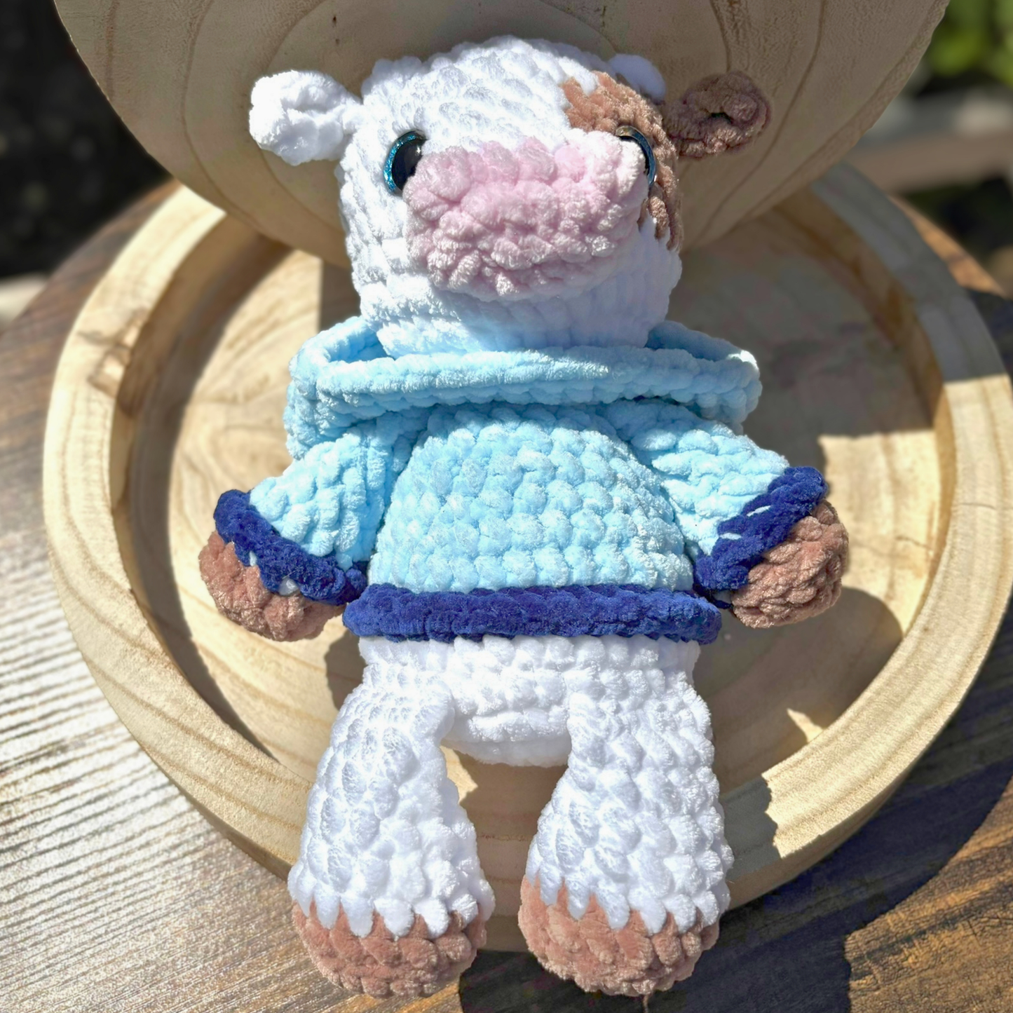 Crochet Hoody Cow in a Blue Interactive Hoody