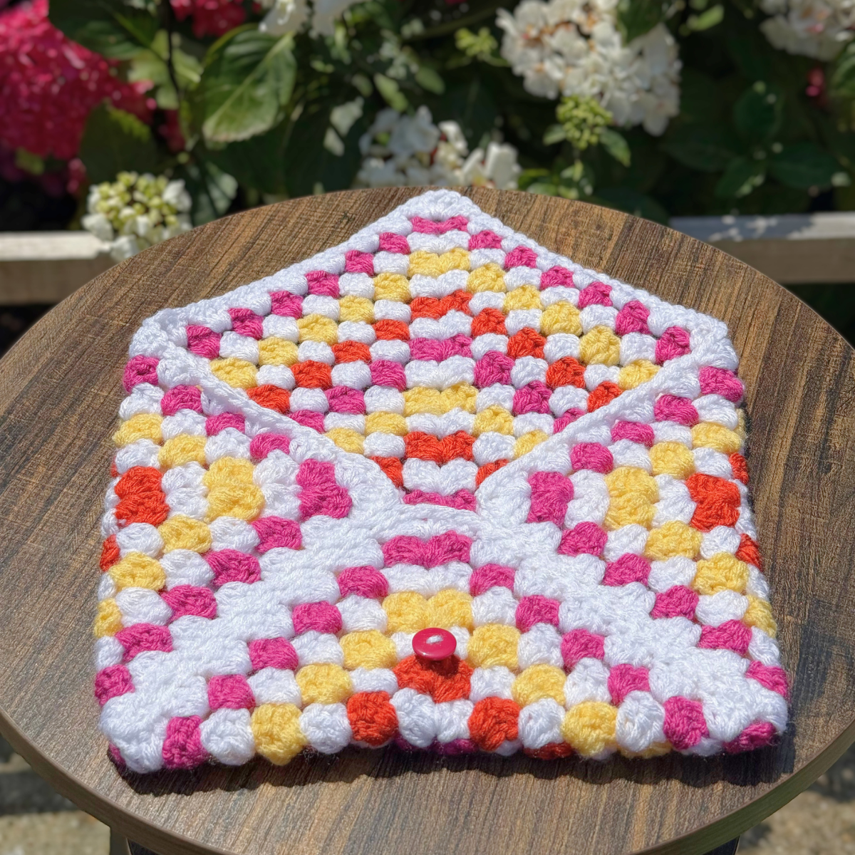 Handmade Crochet Book Sleeve In White, Orange, Yellow And Pink