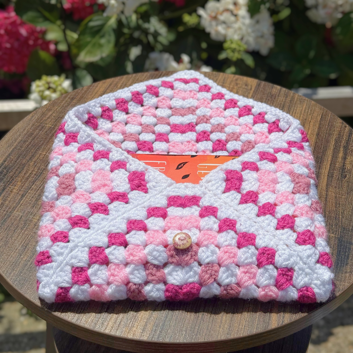Handmade Crochet Book Sleeve In Pinks And White