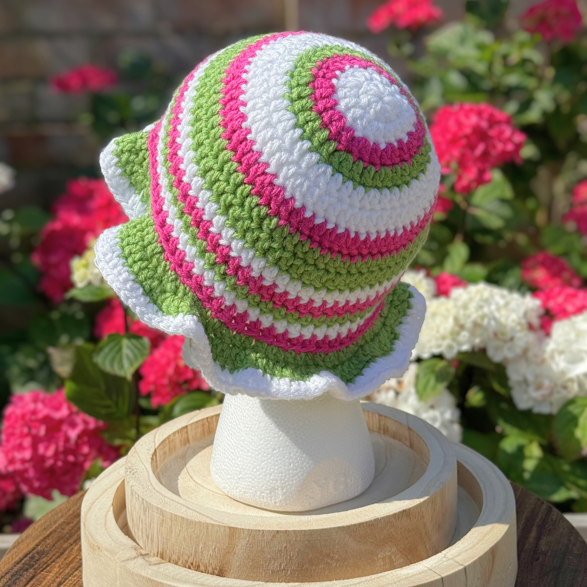 Handmade Crochet One Size Bucket Hat In White, Green And Pink
