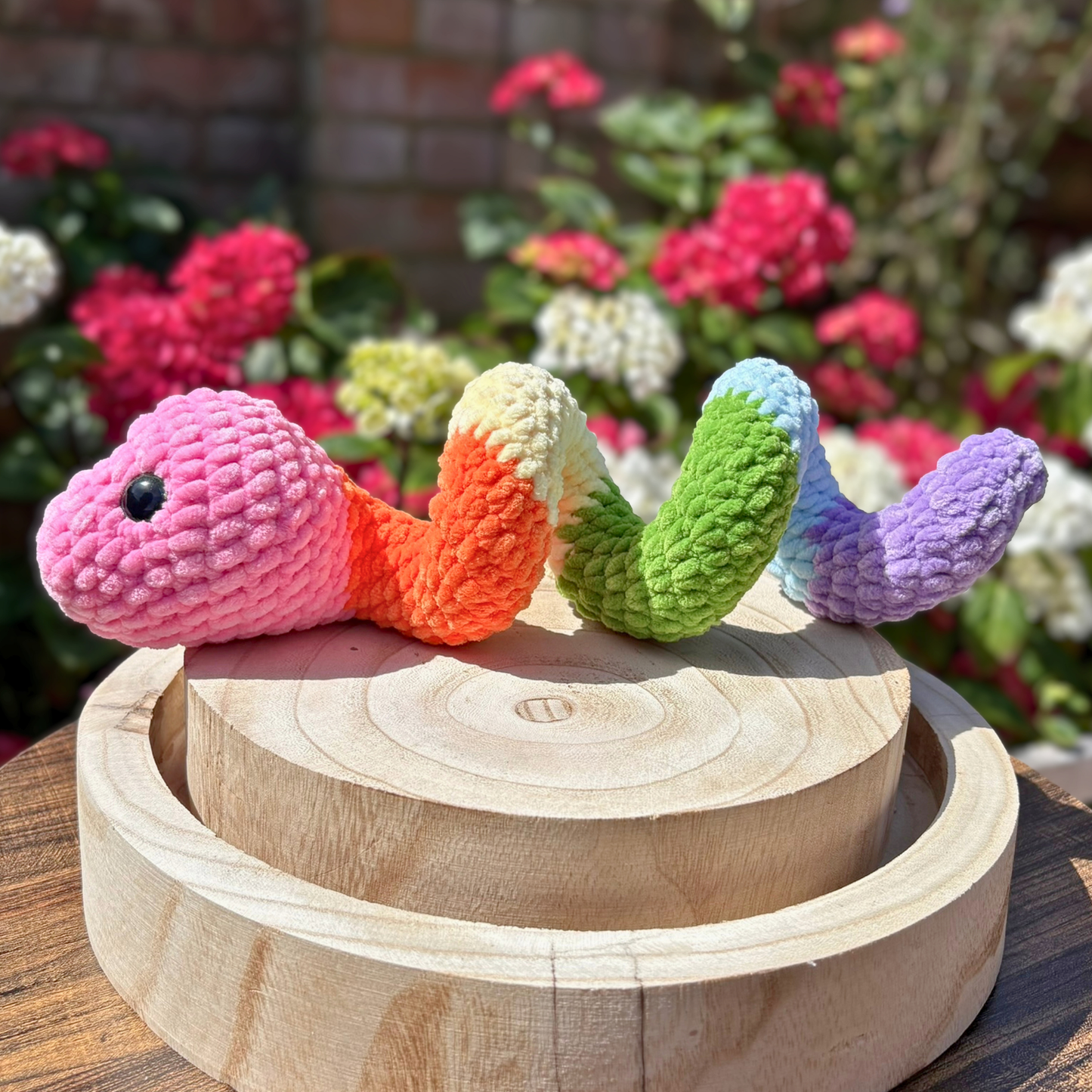 Crochet Chenille Striped Coloured Twisty Snake in Pastel Rainbow Colours