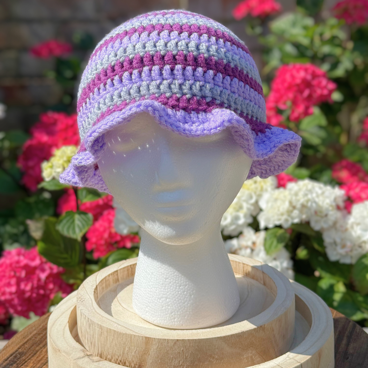 Handmade Crochet One Size Bucket Hat In Purple And Grey