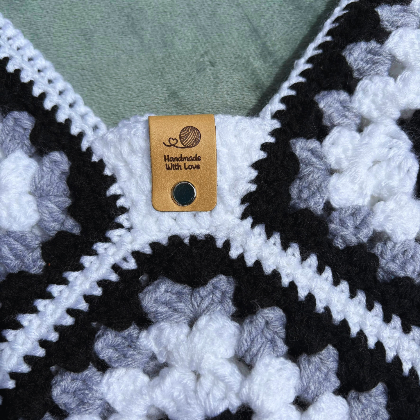 Handmade Crochet Acrylic Granny Square Crossbody Bag in Black, Grey & White size Small