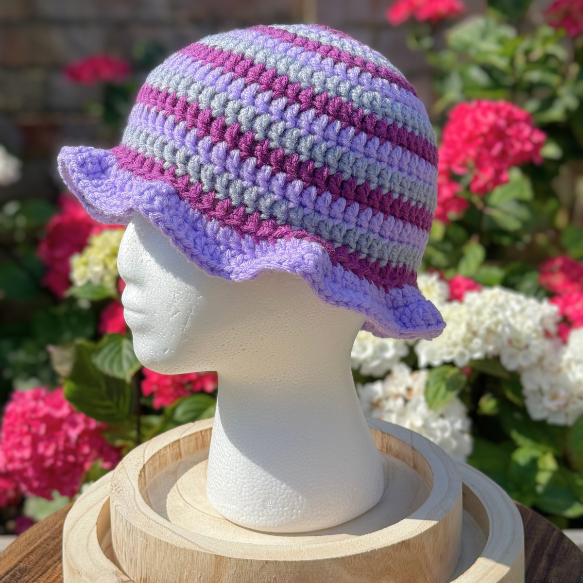 Handmade Crochet One Size Bucket Hat In Purple And Grey