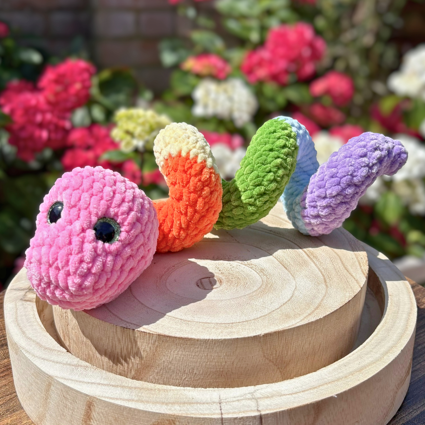 Crochet Chenille Striped Coloured Twisty Snake in Pastel Rainbow Colours