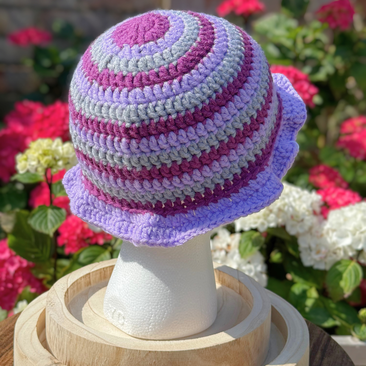 Handmade Crochet One Size Bucket Hat In Purple And Grey