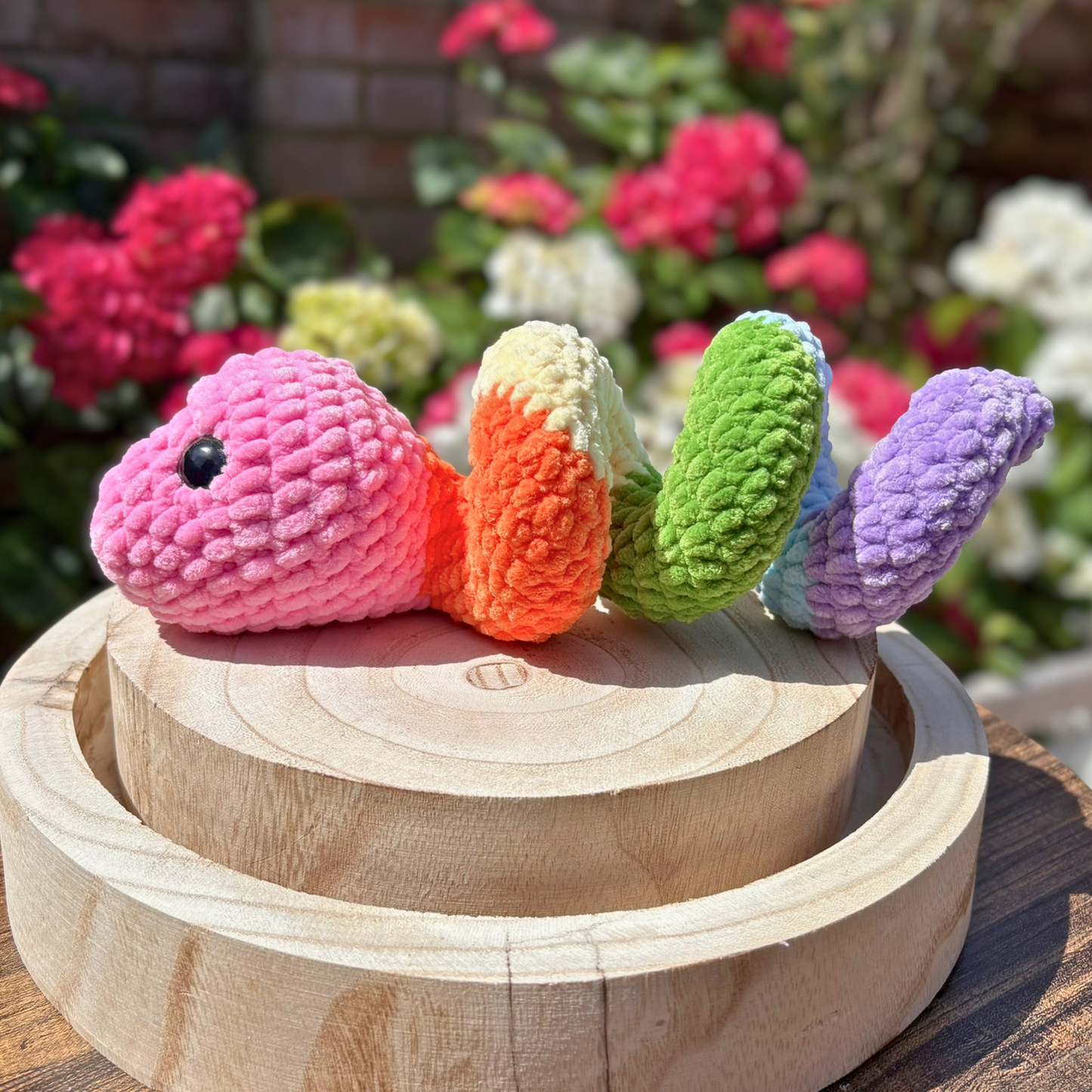 Crochet Chenille Striped Coloured Twisty Snake in Pastel Rainbow Colours