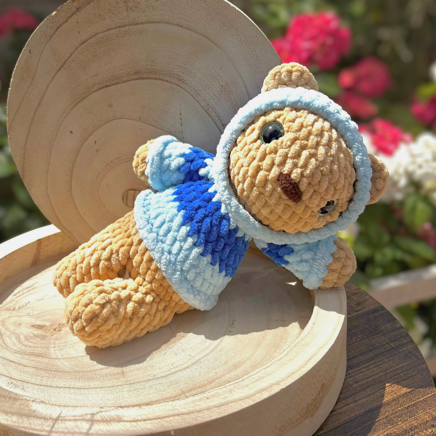 Crochet Hoody Bear With Interactive Blue Striped Hoody
