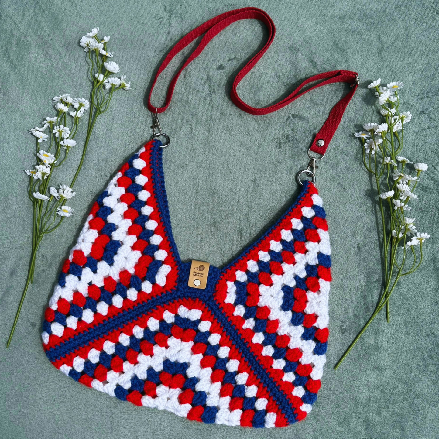 Handmade Crochet Acrylic Granny Square Crossbody Bag in Red, Blue & White size Medium