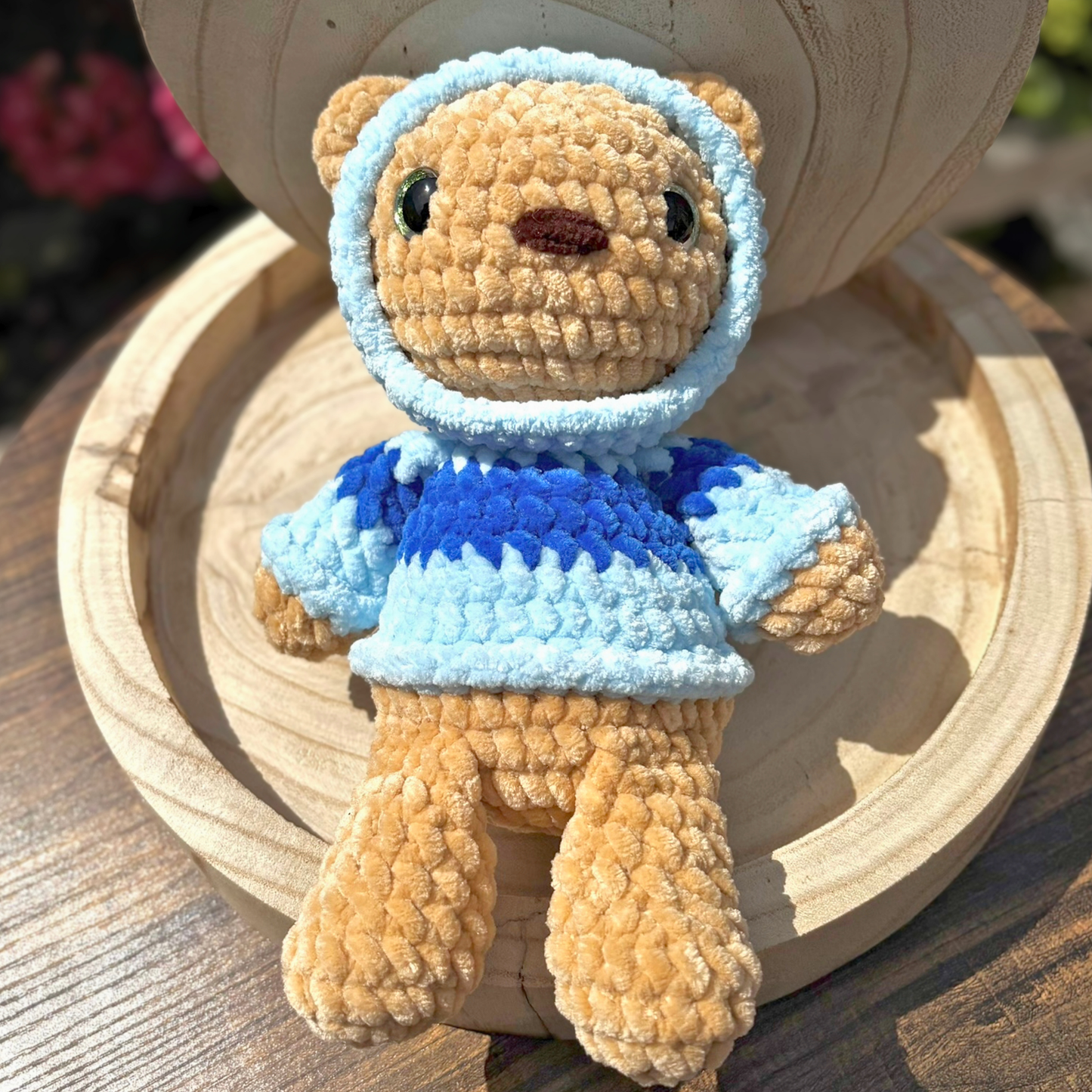 Crochet Hoody Bear With Interactive Blue Striped Hoody