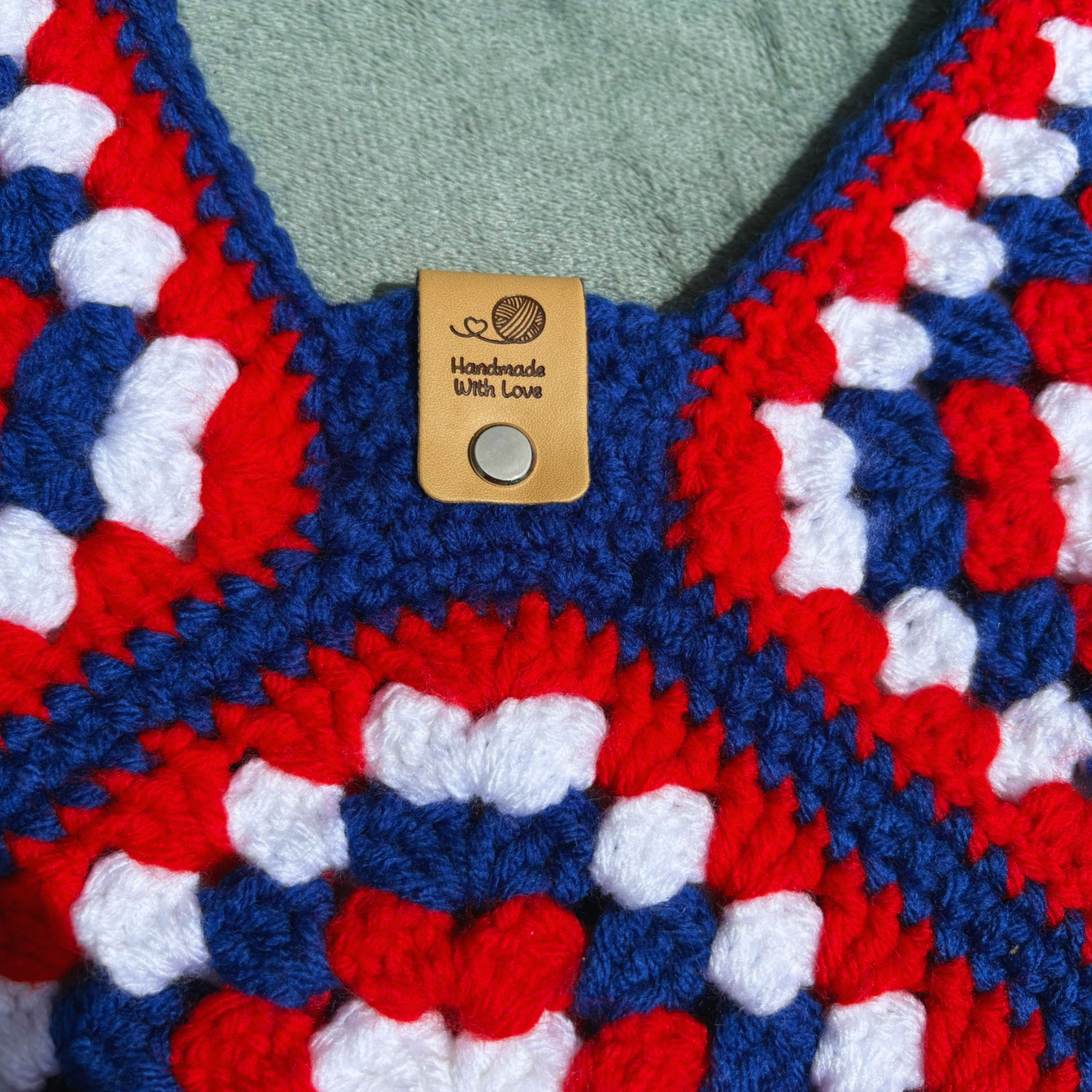 Handmade Crochet Acrylic Granny Square Crossbody Bag in Red, Blue & White size Medium