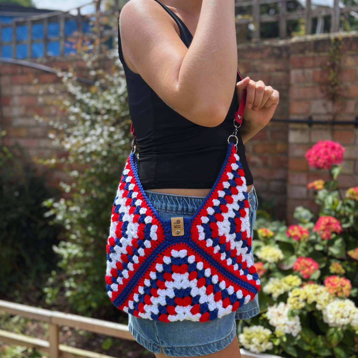 Handmade Crochet Acrylic Granny Square Crossbody Bag in Red, Blue & White size Medium