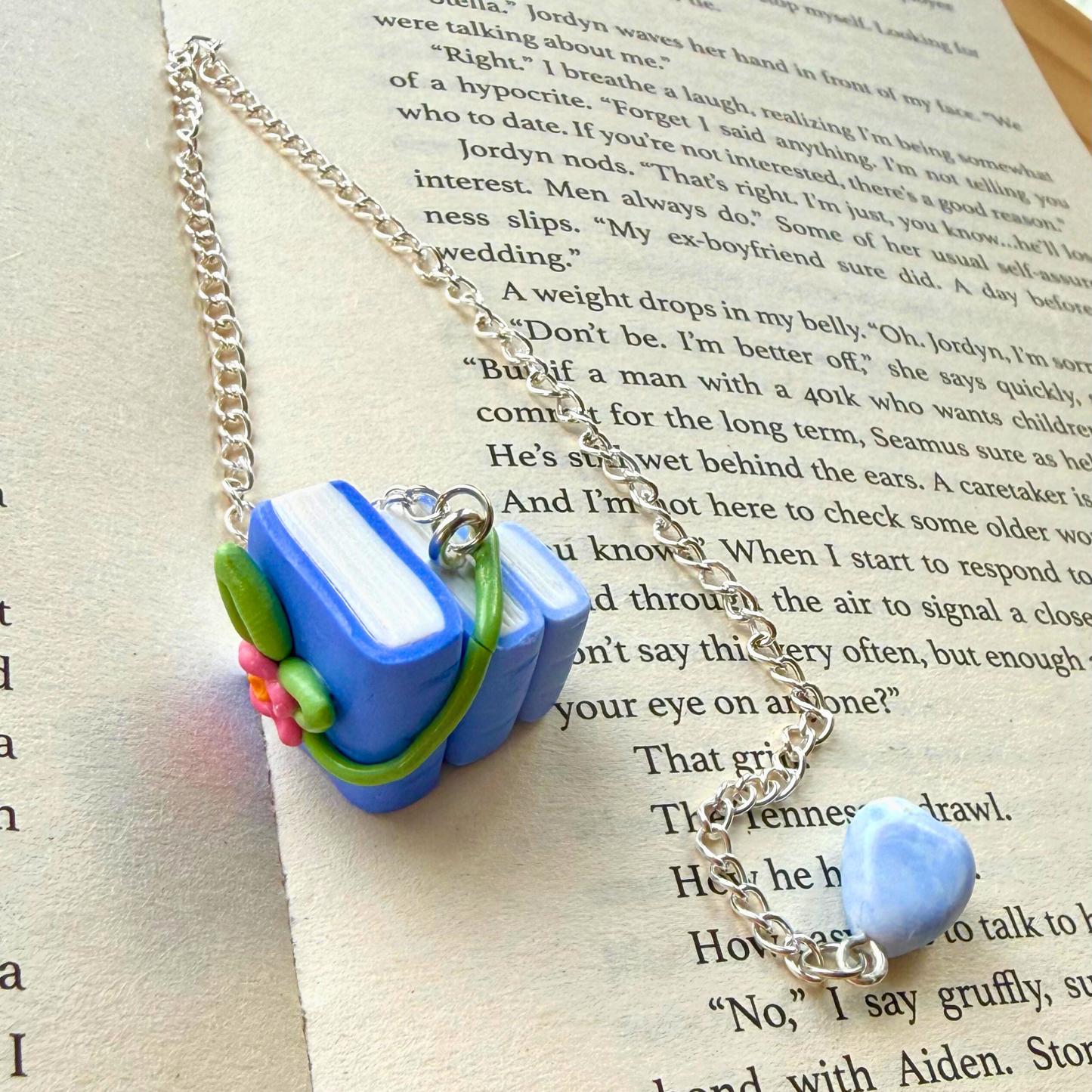 Floral Blue Book Stack Polymer Clay Chain Bookmark