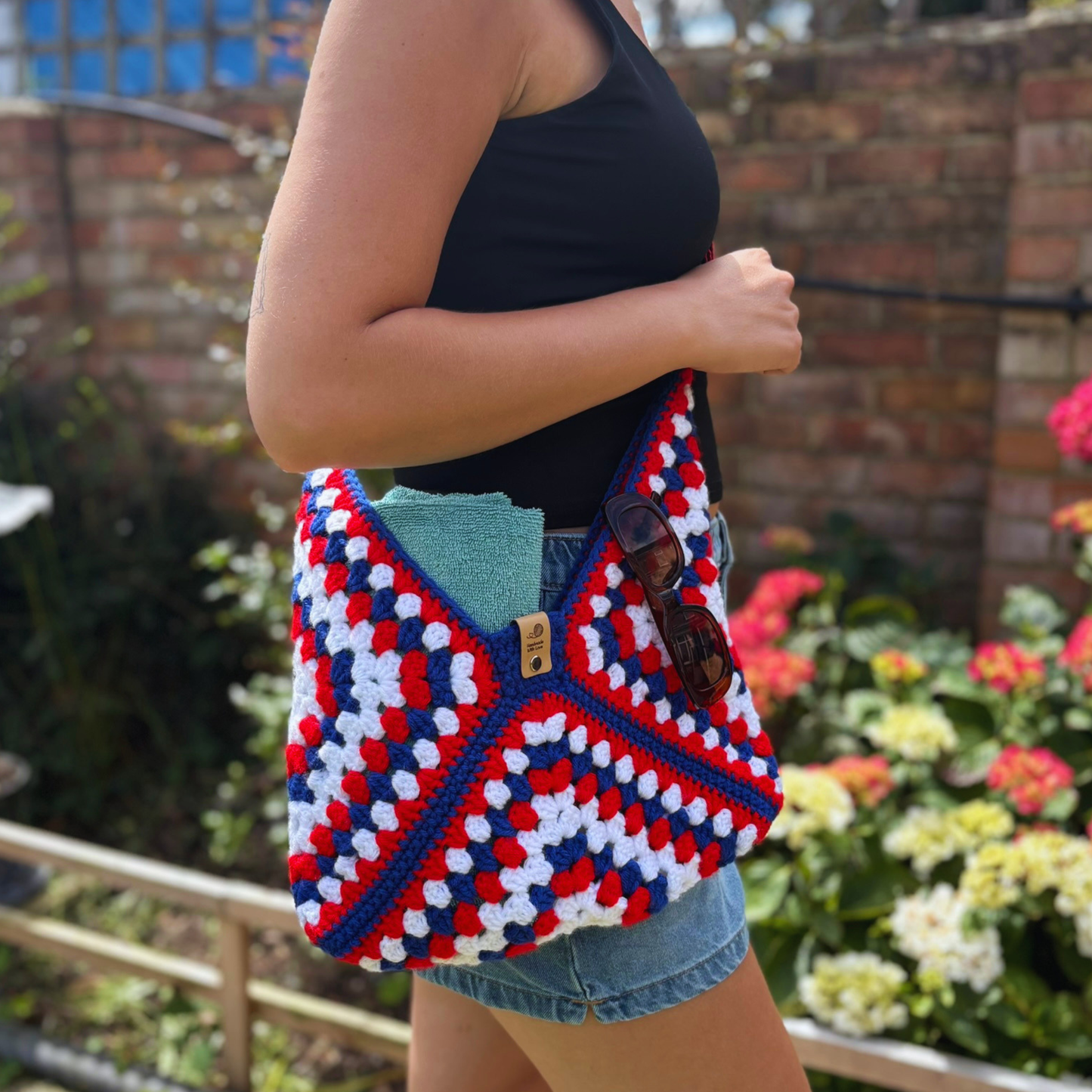Handmade Crochet Acrylic Granny Square Crossbody Bag in Red, Blue & White size Medium