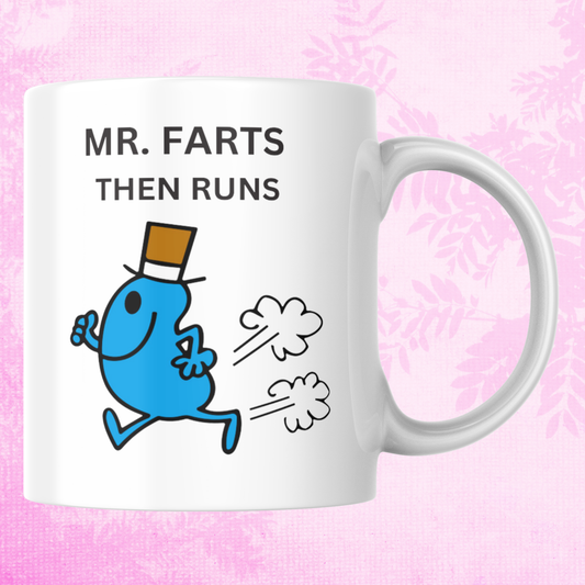 Novelty Mr. Men Mug, Mr. Farts Then Runs, Can Be Personalised, Great Gift Idea
