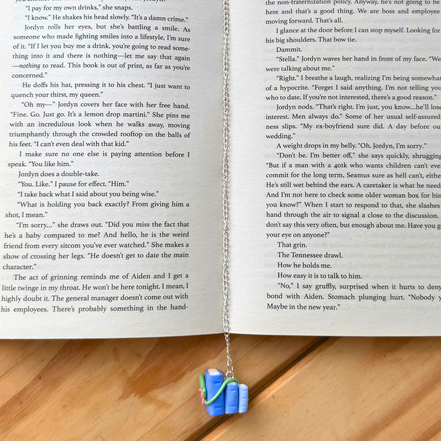 Floral Blue Book Stack Polymer Clay Chain Bookmark