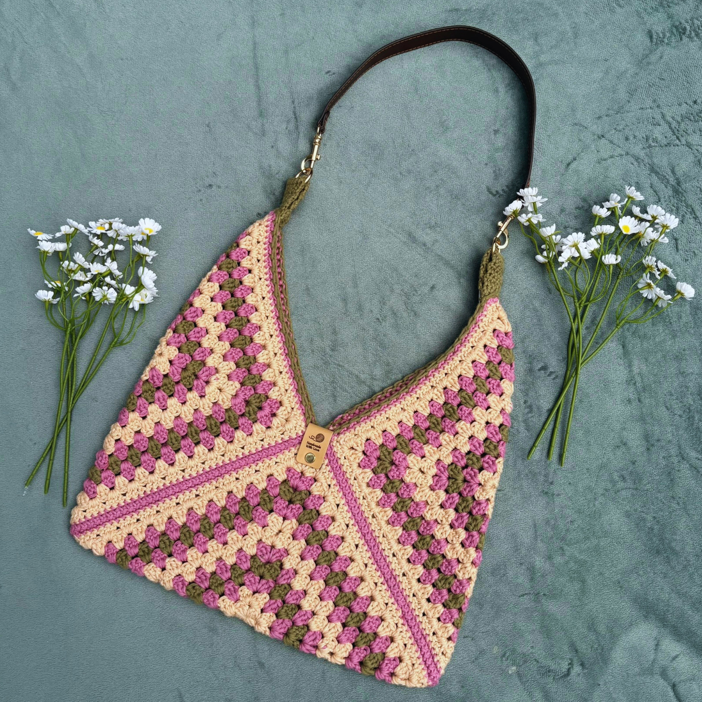 Handmade Crochet Cotton Granny Square Shoulder Bag in muted Beige Pink and Green colours
