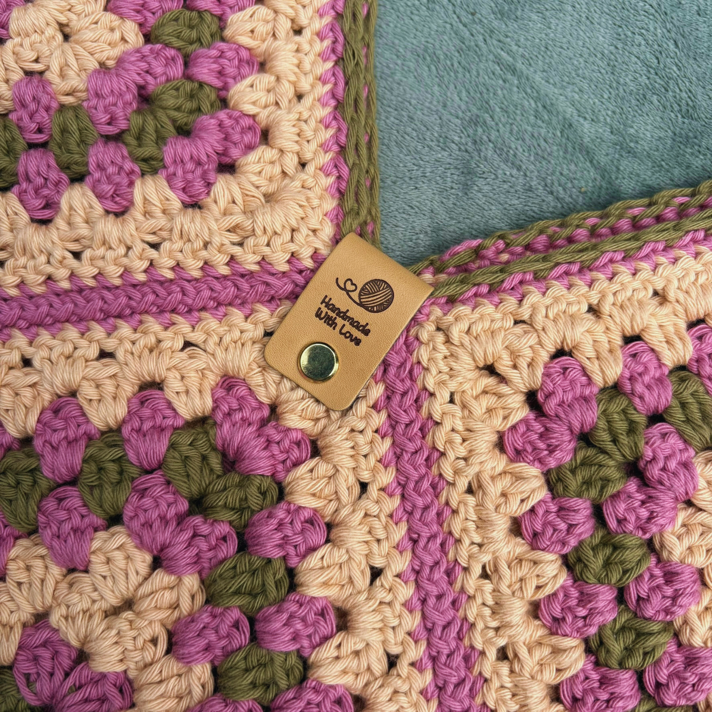 Handmade Crochet Cotton Granny Square Shoulder Bag in muted Beige Pink and Green colours