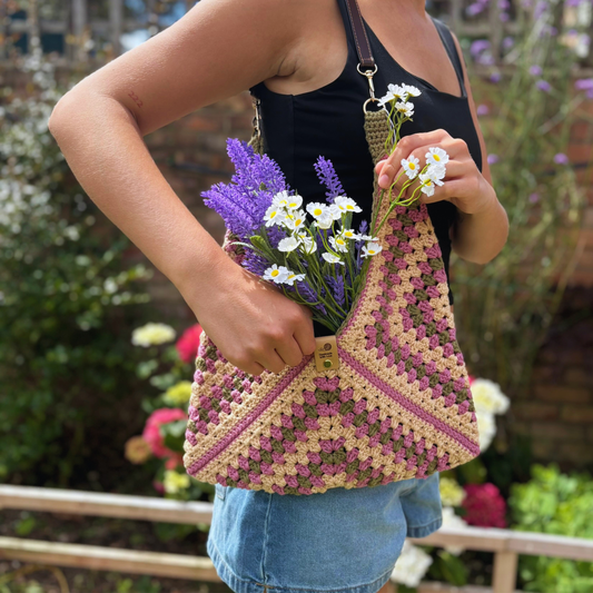 Handmade Crochet Cotton Granny Square Shoulder Bag in muted Beige Pink and Green colours