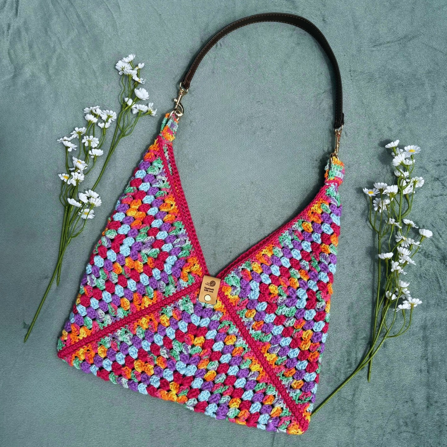 Handmade Crochet Cotton Granny Square Shoulder Bag in Vibrant Rainbow