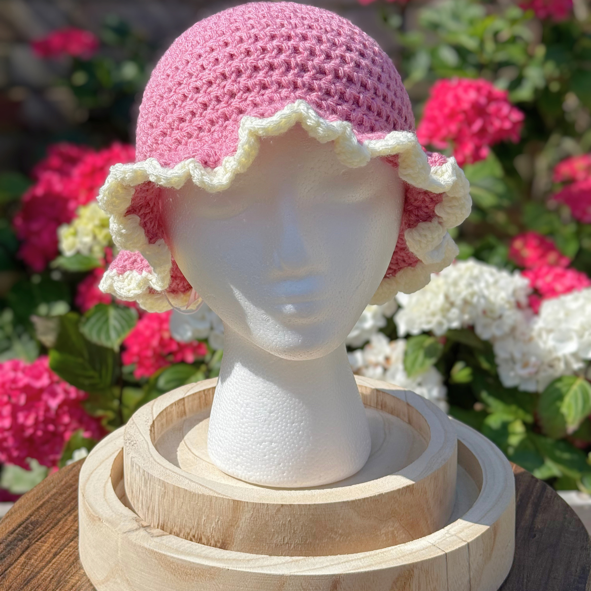 Handmade Crochet One Size Bucket Hat In Pink And Cream