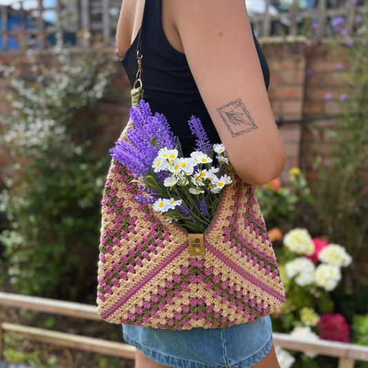 Handmade Crochet Cotton Granny Square Shoulder Bag in muted Beige Pink and Green colours