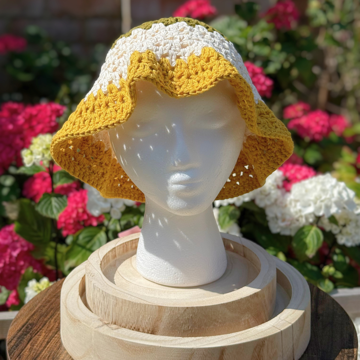 Handmade Crochet One Size Bucket Hat In Green, White And Mustard