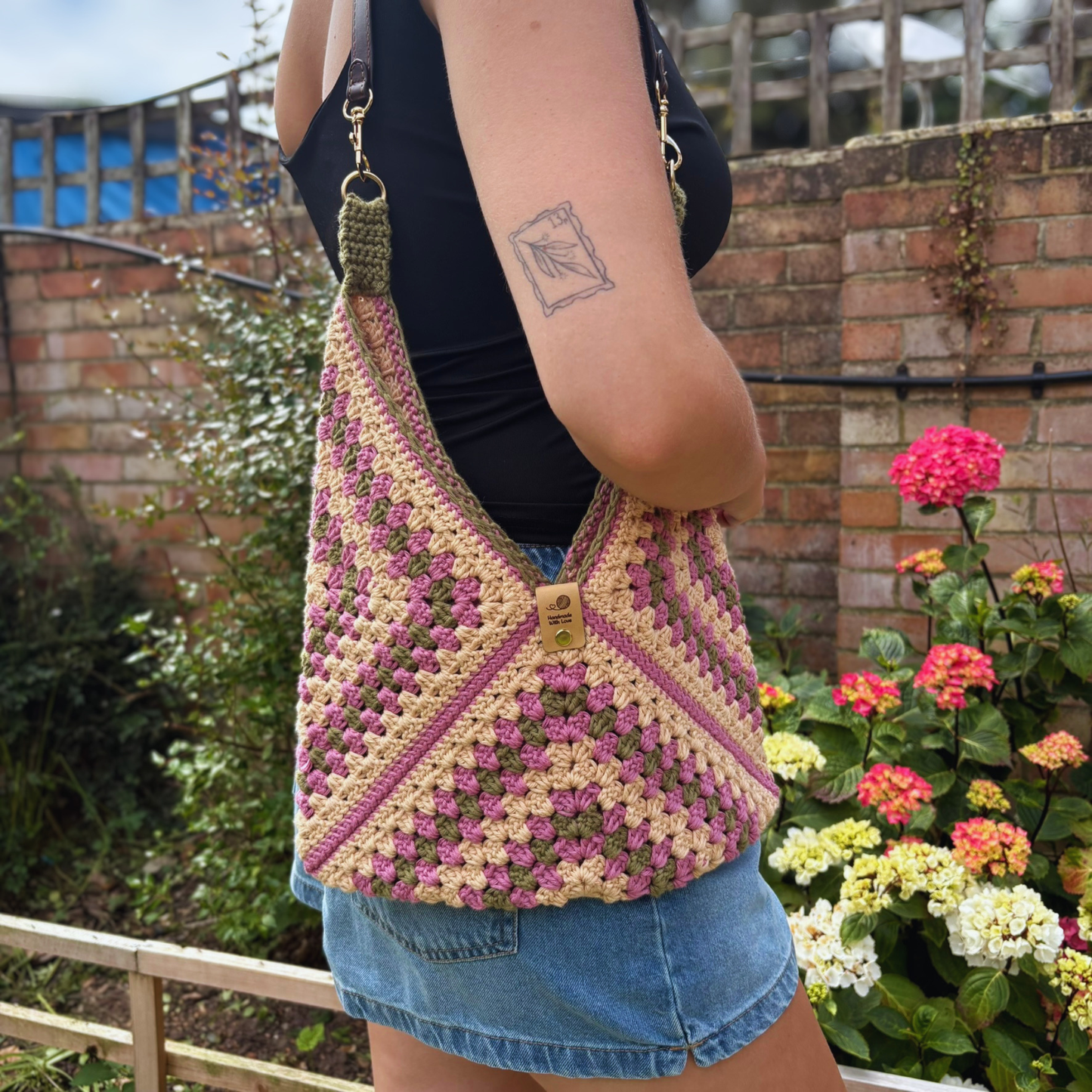 Handmade Crochet Cotton Granny Square Shoulder Bag in muted Beige Pink and Green colours