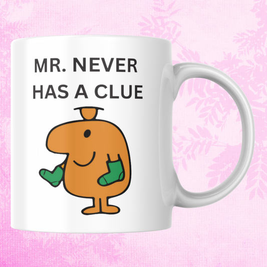 Novelty Mr. Men Mug, Mr. Never as A Clue, Can Be Personalised, Great Gift Idea
