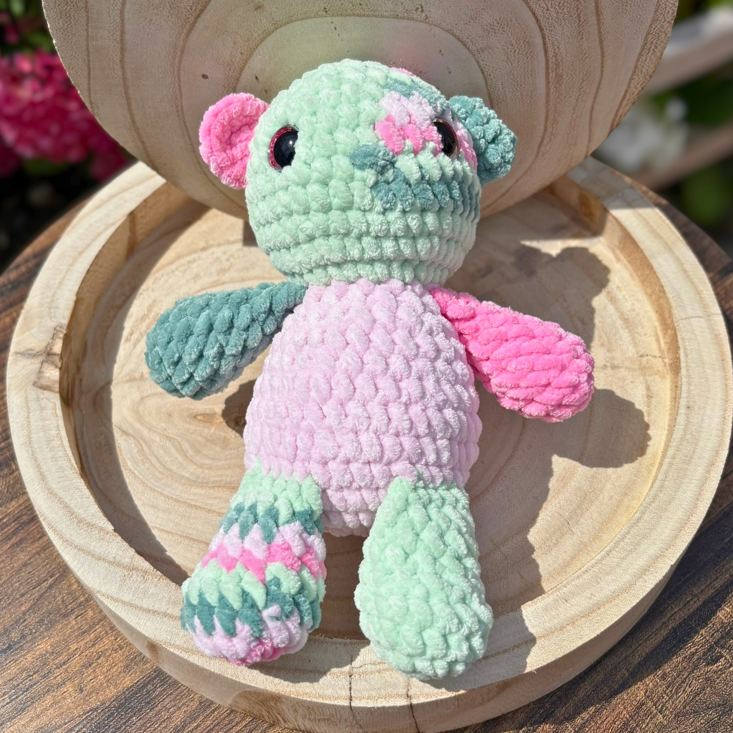 Crochet Chenille Patchy Bear in Pink and Greens