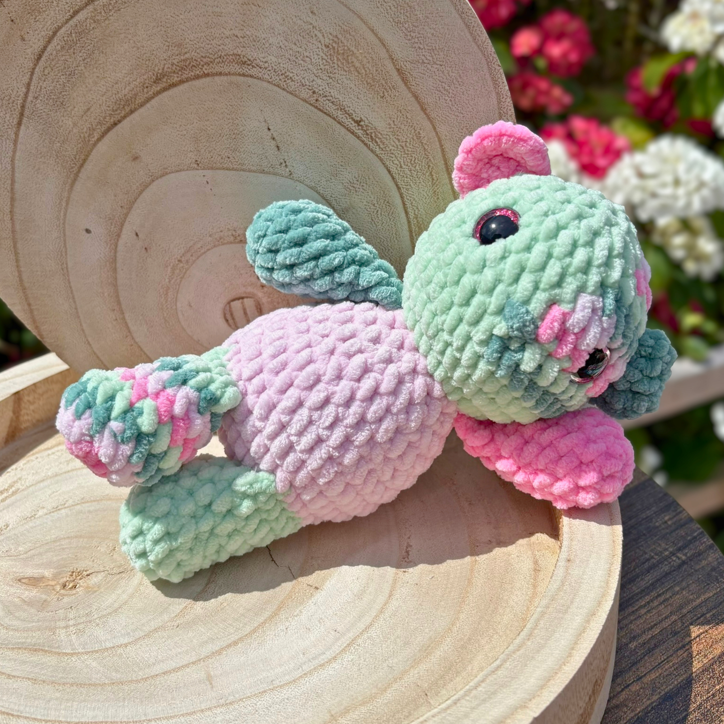 Crochet Chenille Patchy Bear in Pink and Greens