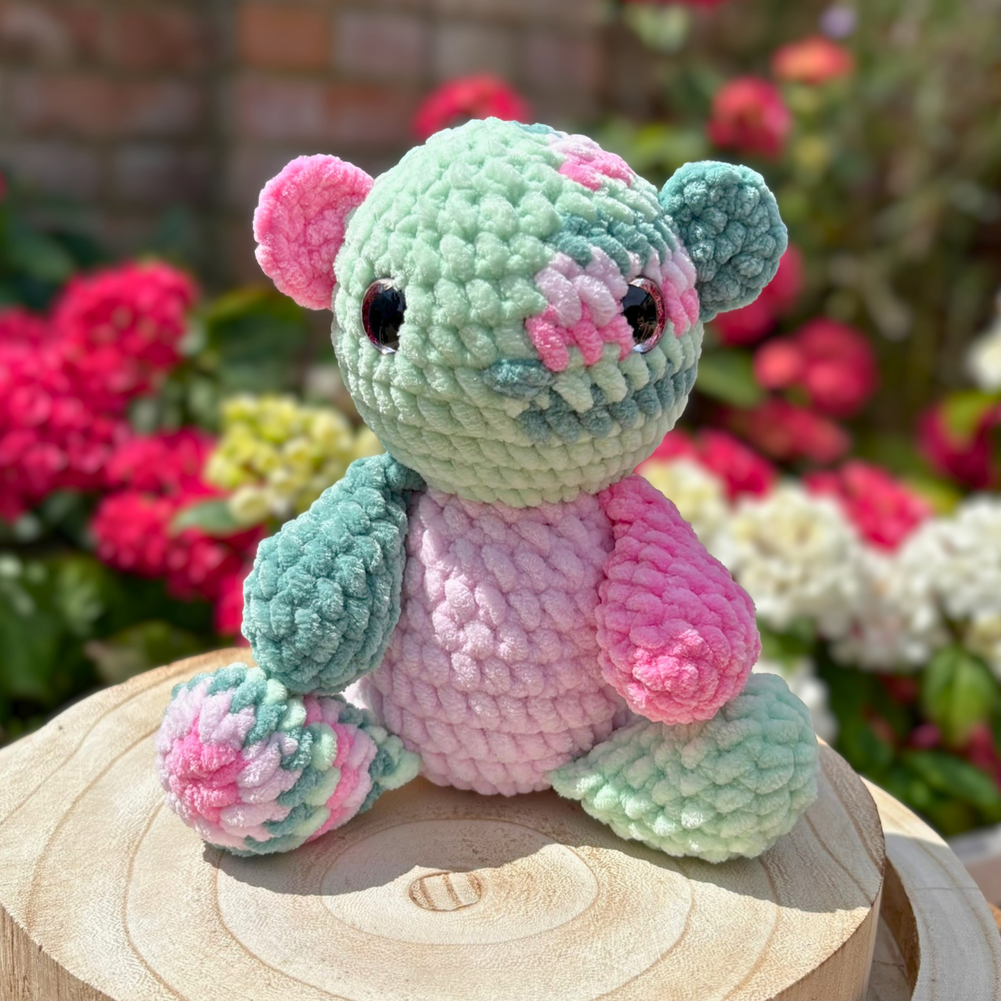 Crochet Chenille Patchy Bear in Pink and Greens