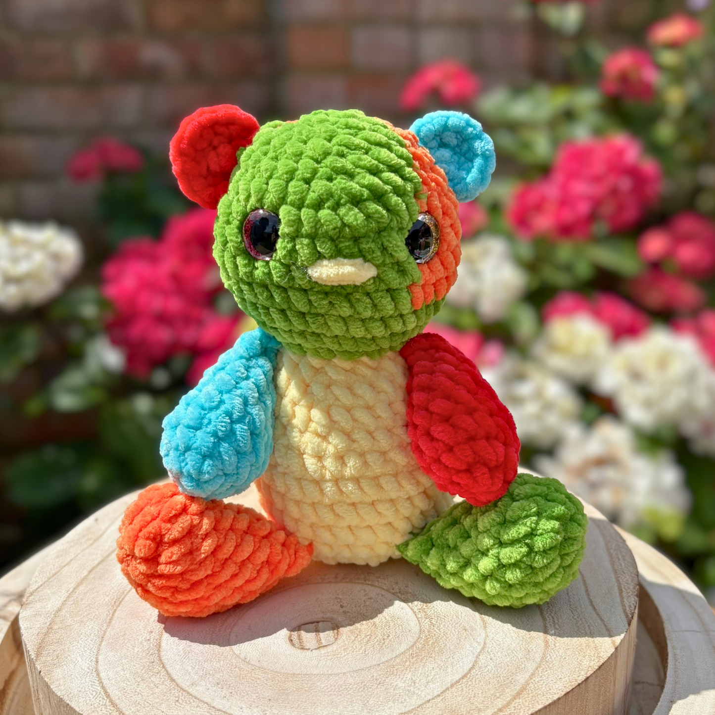 Crochet Chenille Patchy Bear in Yellow, Green, Orange and Blue