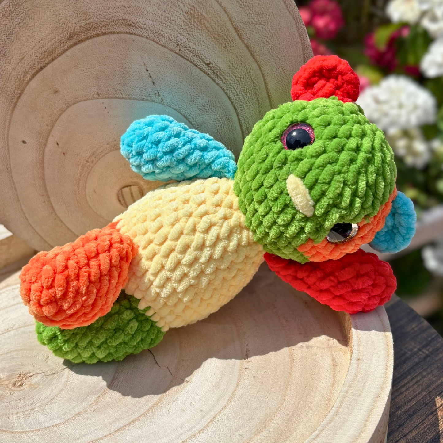 Crochet Chenille Patchy Bear in Yellow, Green, Orange and Blue