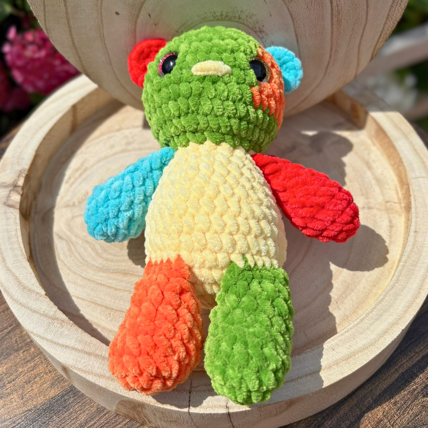 Crochet Chenille Patchy Bear in Yellow, Green, Orange and Blue