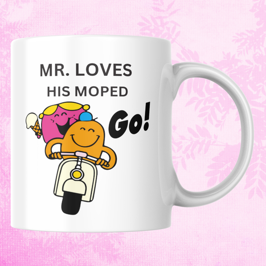 Novelty Mr. Men Mug, Mr. Loves His Moped, Can Be Personalised, Great Gift Idea