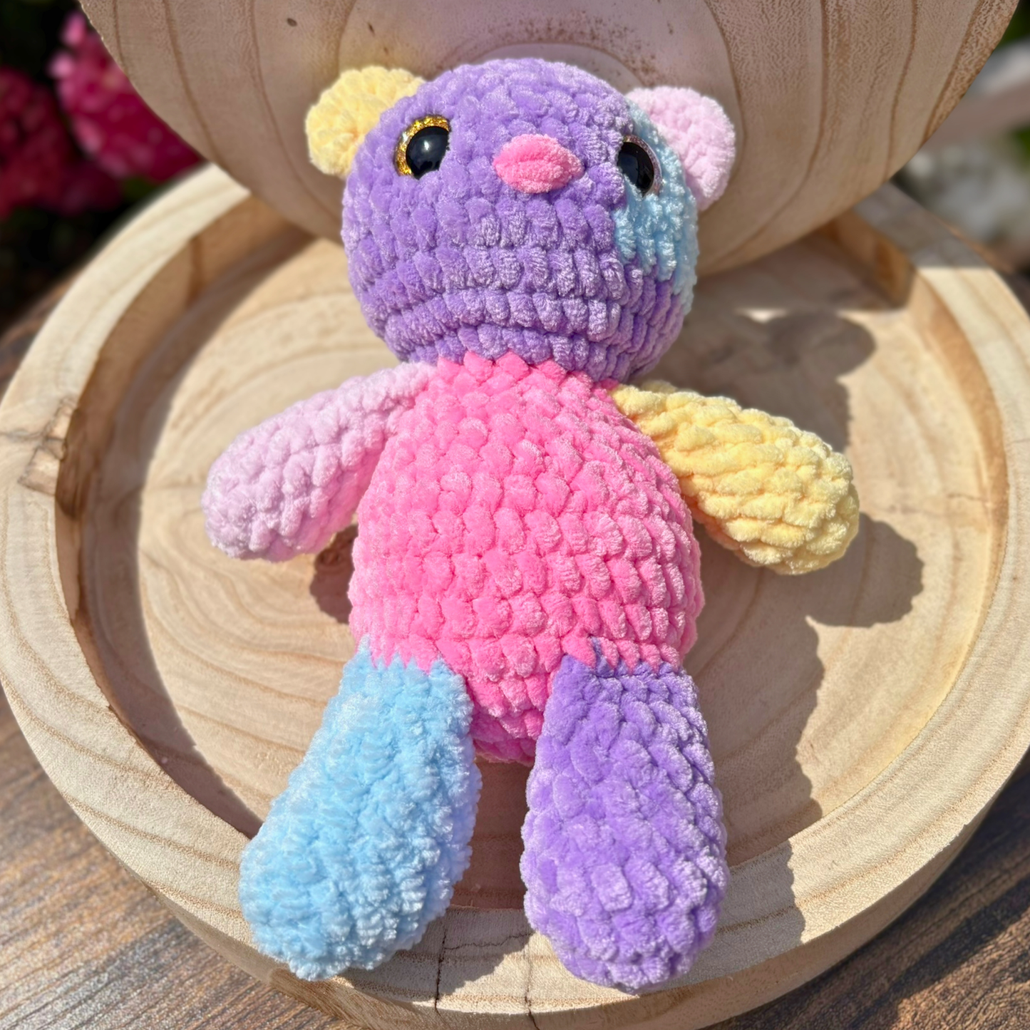 Crochet Chenille Patchy Bear in Pink Blue and Lilac