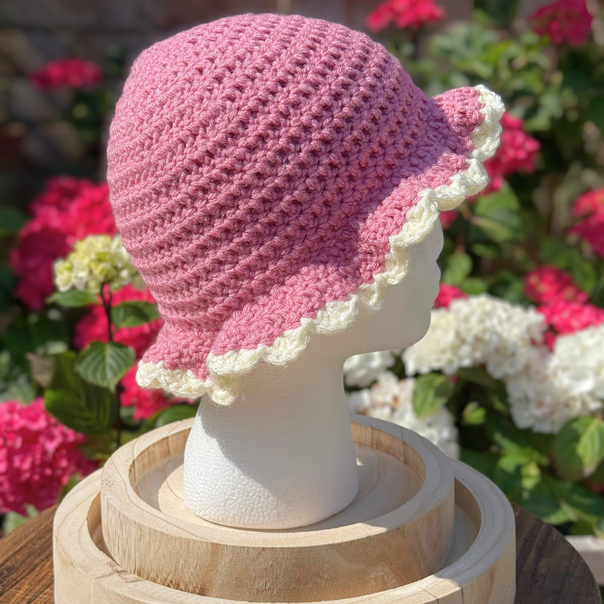 Handmade Crochet One Size Bucket Hat In Pink And Cream