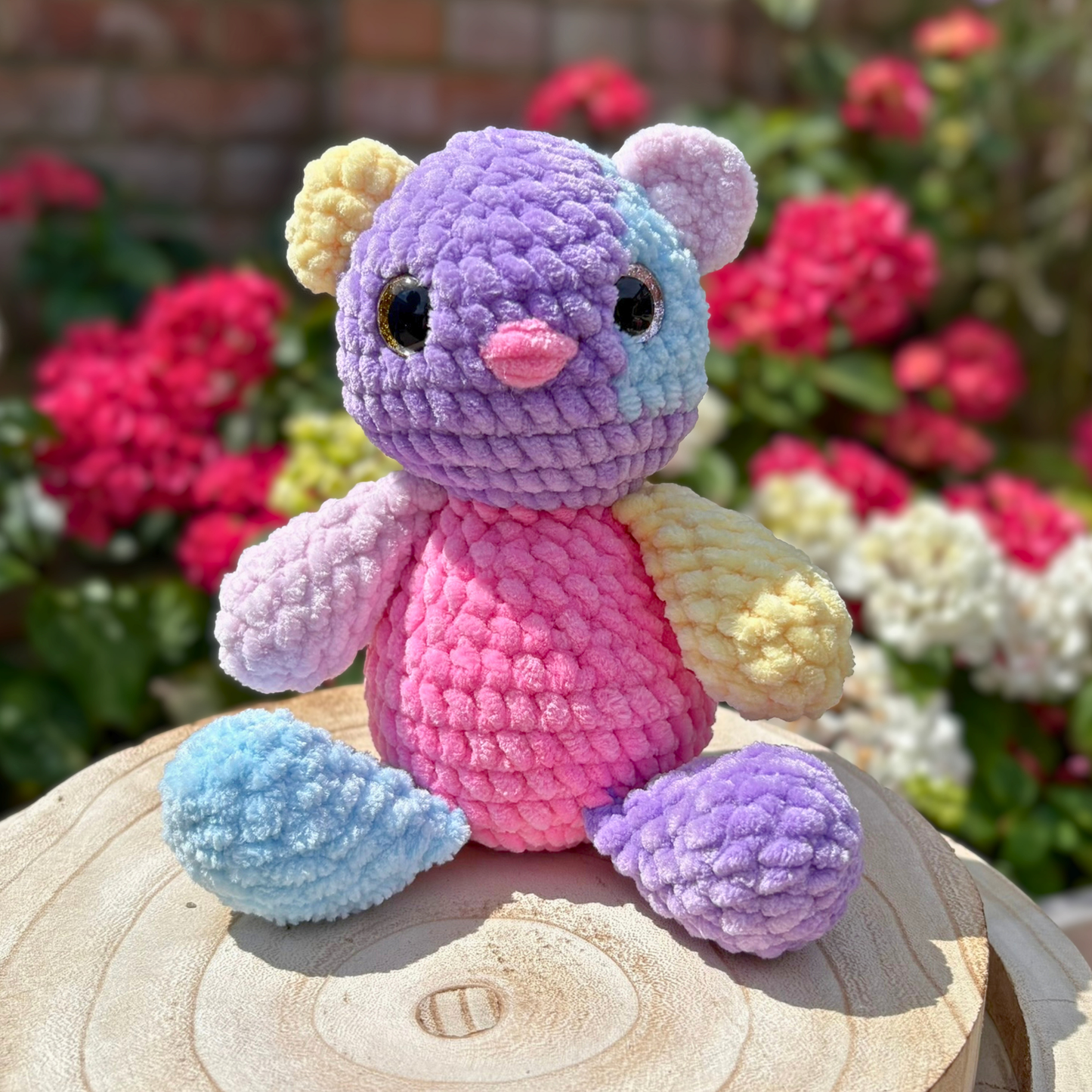 Crochet Chenille Patchy Bear in Pink Blue and Lilac