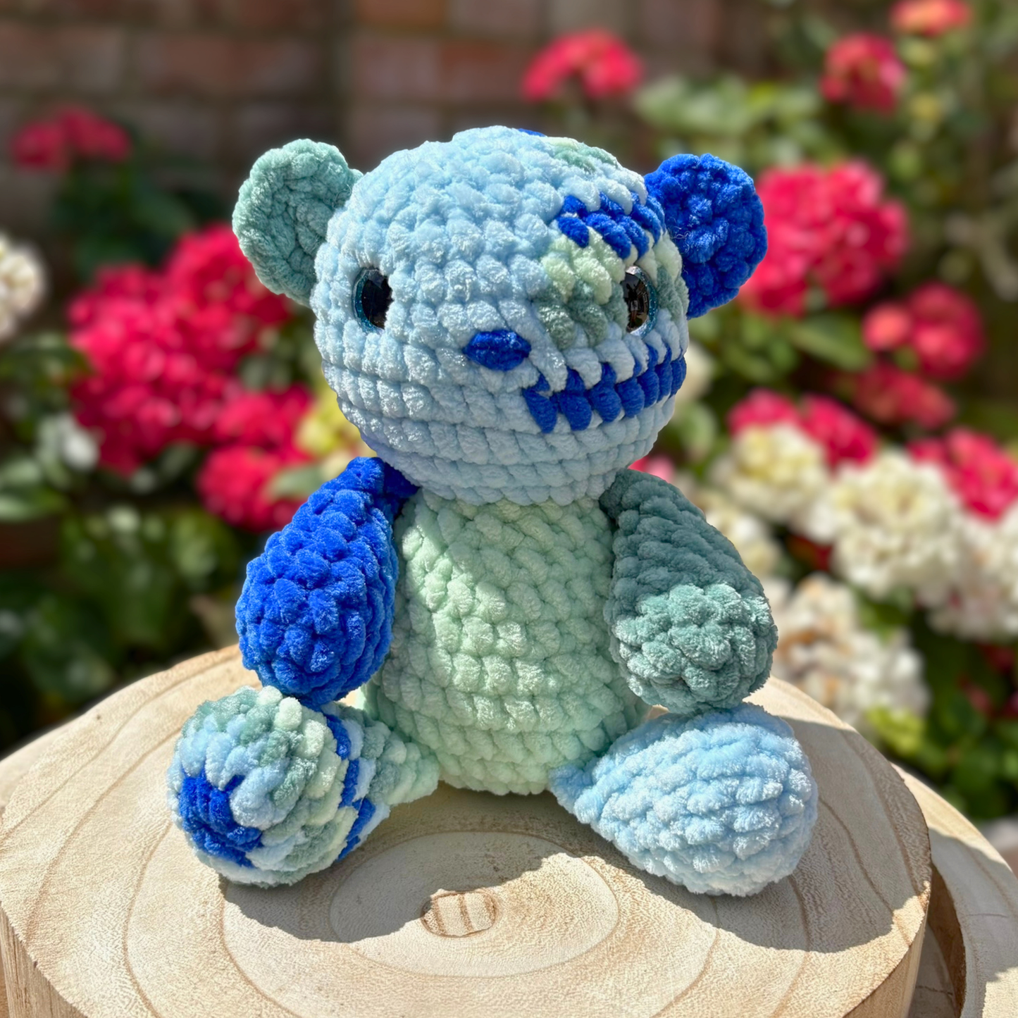 Crochet Chenille Patchy Bear in Blues and Greens