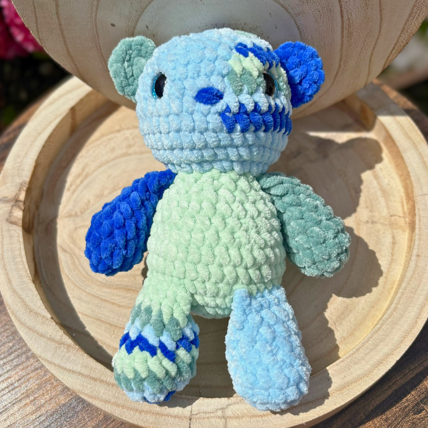 Crochet Chenille Patchy Bear in Blues and Greens