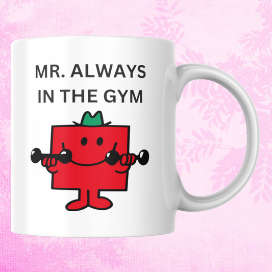 Novelty Mr. Men Mug, Mr. Always In The Gym, Can Be Personalised, Great Gift Idea