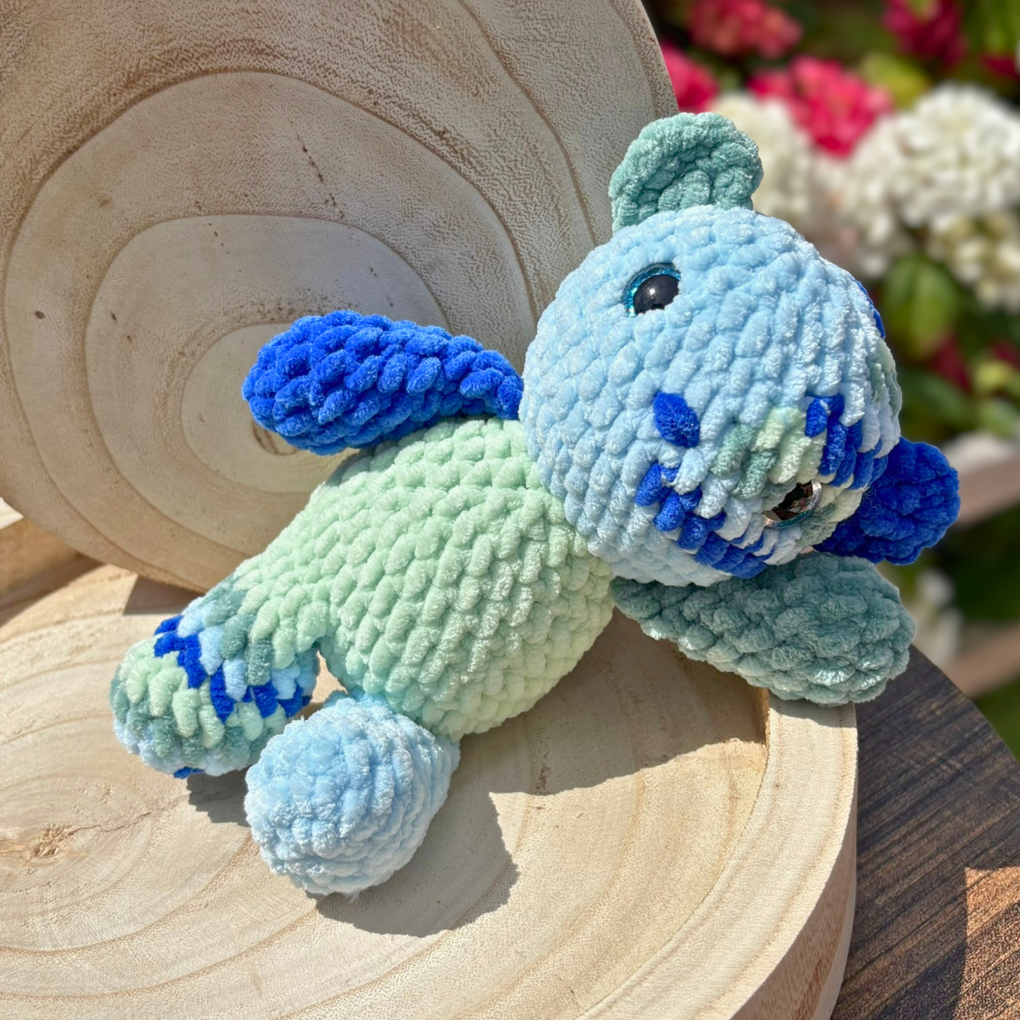 Crochet Chenille Patchy Bear in Blues and Greens