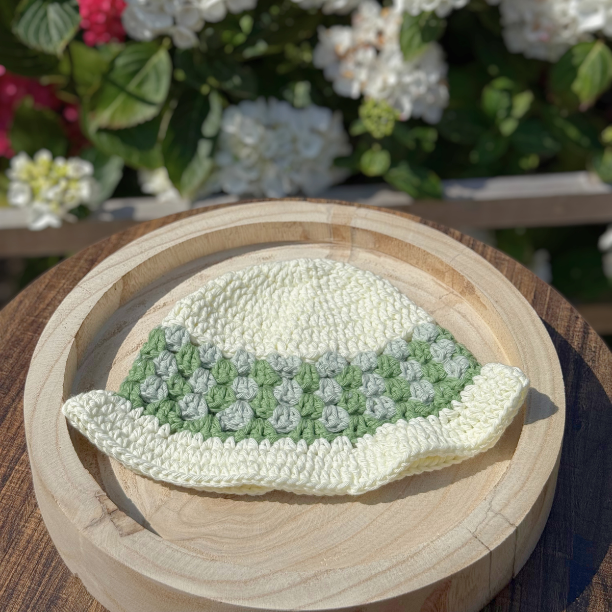 Handmade Crochet Baby Bucket Hat in Cream & Greens 6-12 months