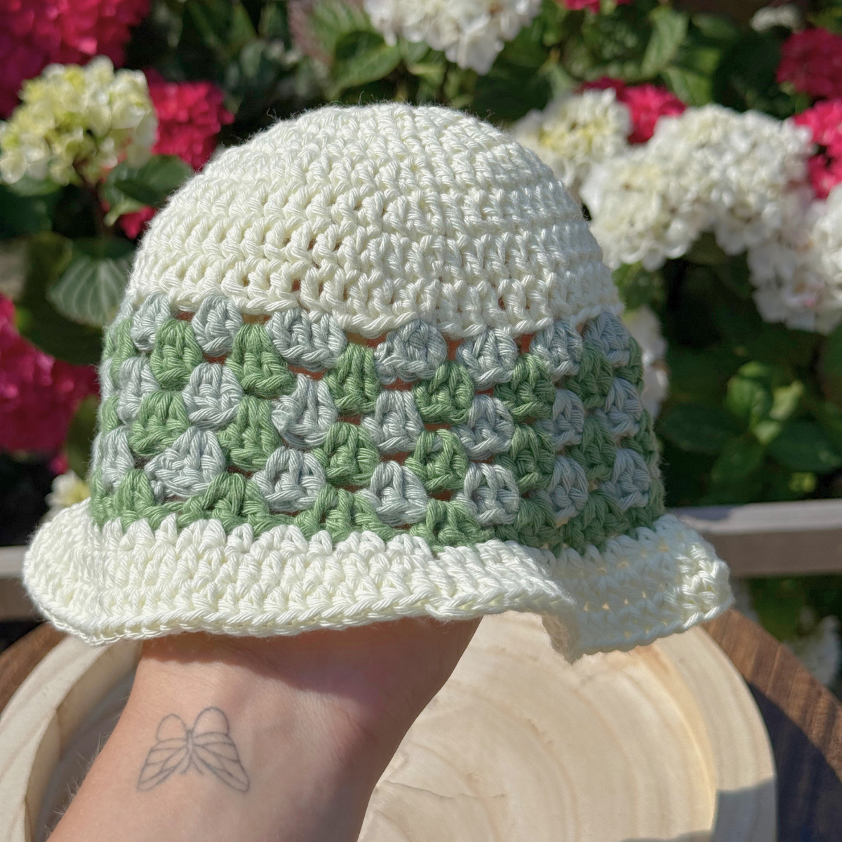 Handmade Crochet Baby Bucket Hat in Cream & Greens 6-12 months
