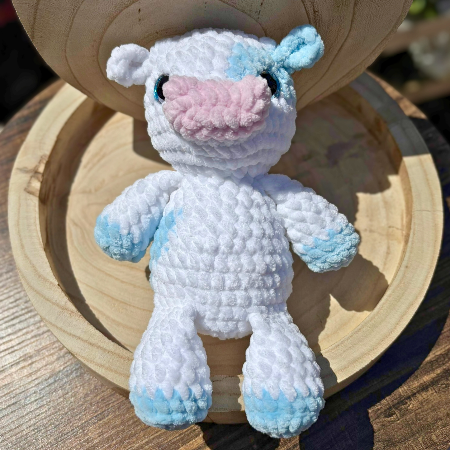 Crochet Chenille Cow in White and Blue