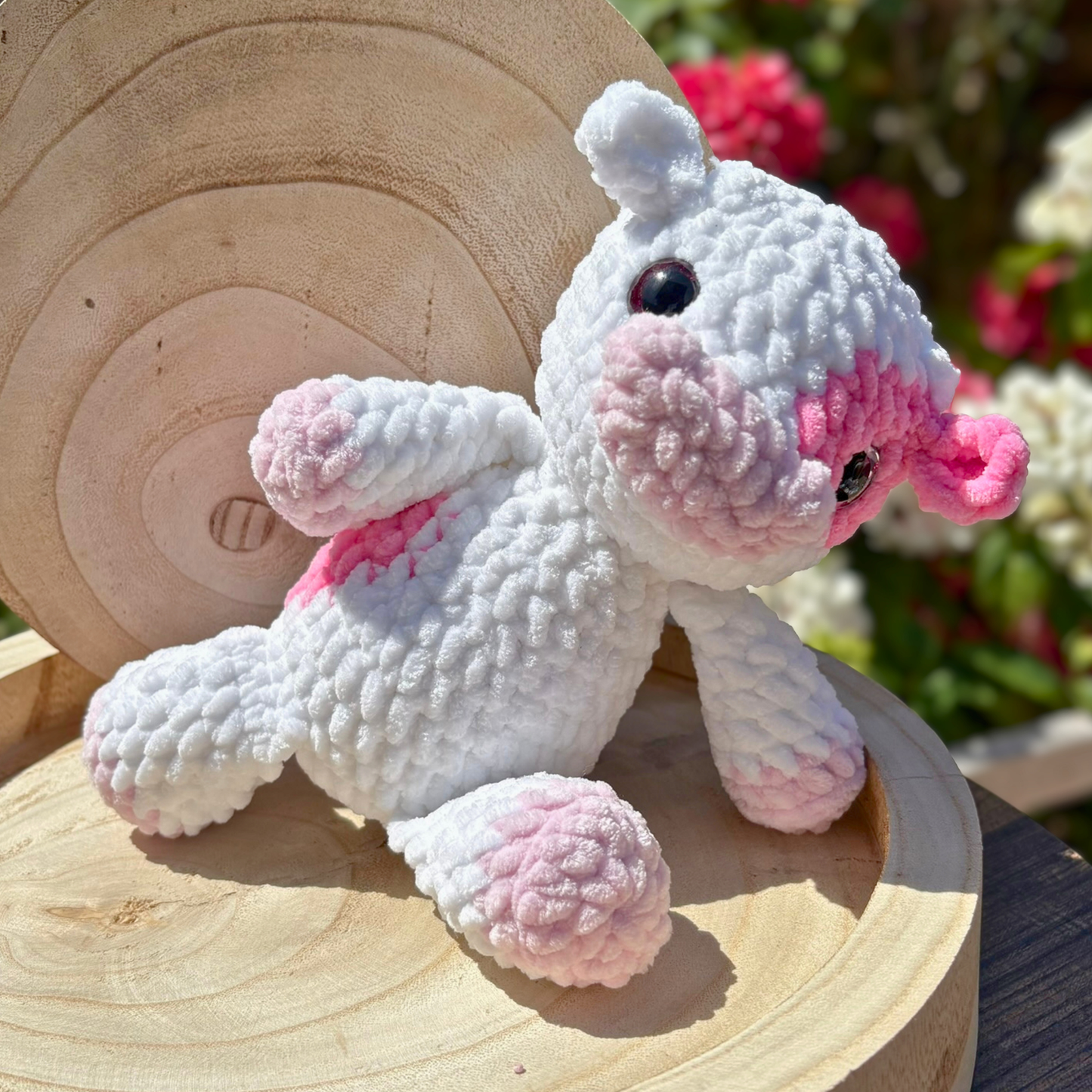 Crochet Chenille Cow in White and Pink